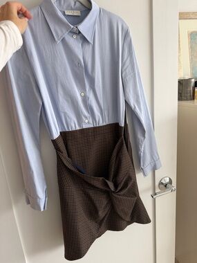 Sandro Two-Tone Blue Shirt and Brown Checked Skirt Dress